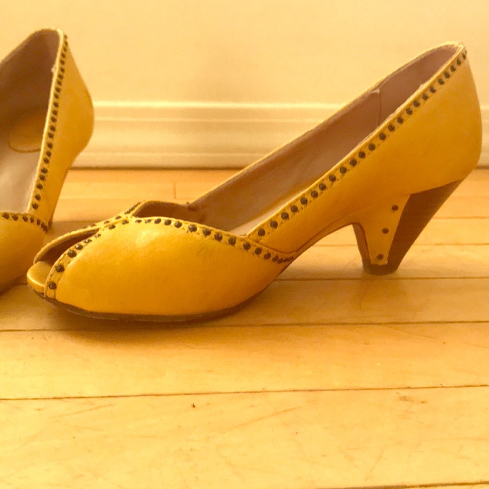 Frye mustard yellow studded peep toe kitten heel